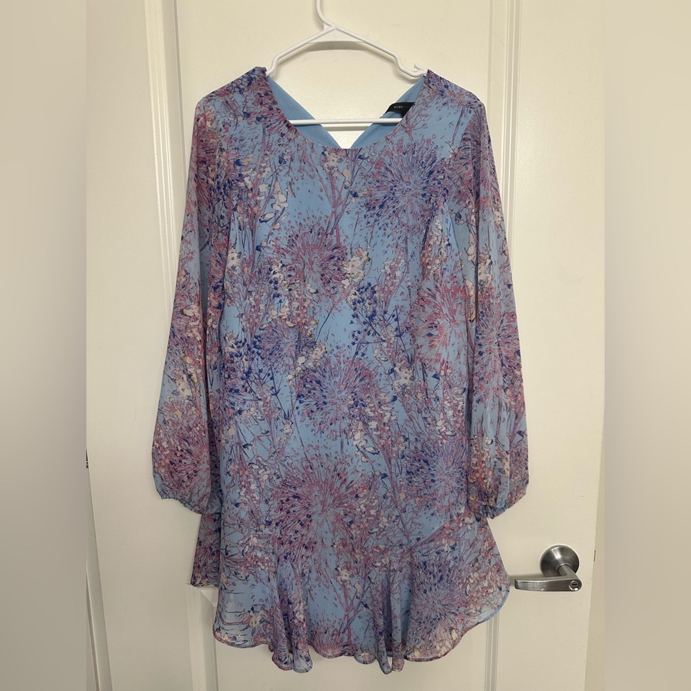 BCBGMAXAZRIA Floral Long Sleeve Ruffle Hem Dress Sz S
